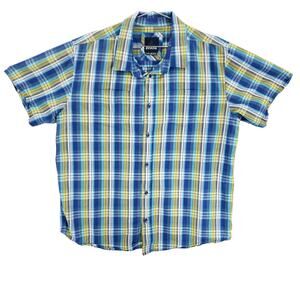 PrAna Shirt Mens XL Blue Yellow Plaid Lightweight Outdoor Hiking Short Sleeve